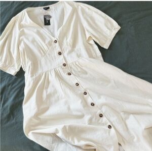 City Chic Linen Dress Small US PLUS Sz 20 Linen Blend Button Front Puff Slv New